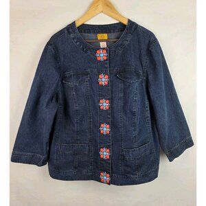 Ruby Rd. Jean Jacket Women's Size 18W Blue Denim Snap 3/4 Sleeve Beaded Top